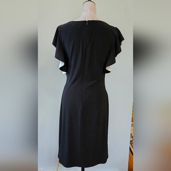 Lauren R.L. black stretch side-rouched midi dress flutter-sleeve w/white sz 10 - Picture 3 of 9